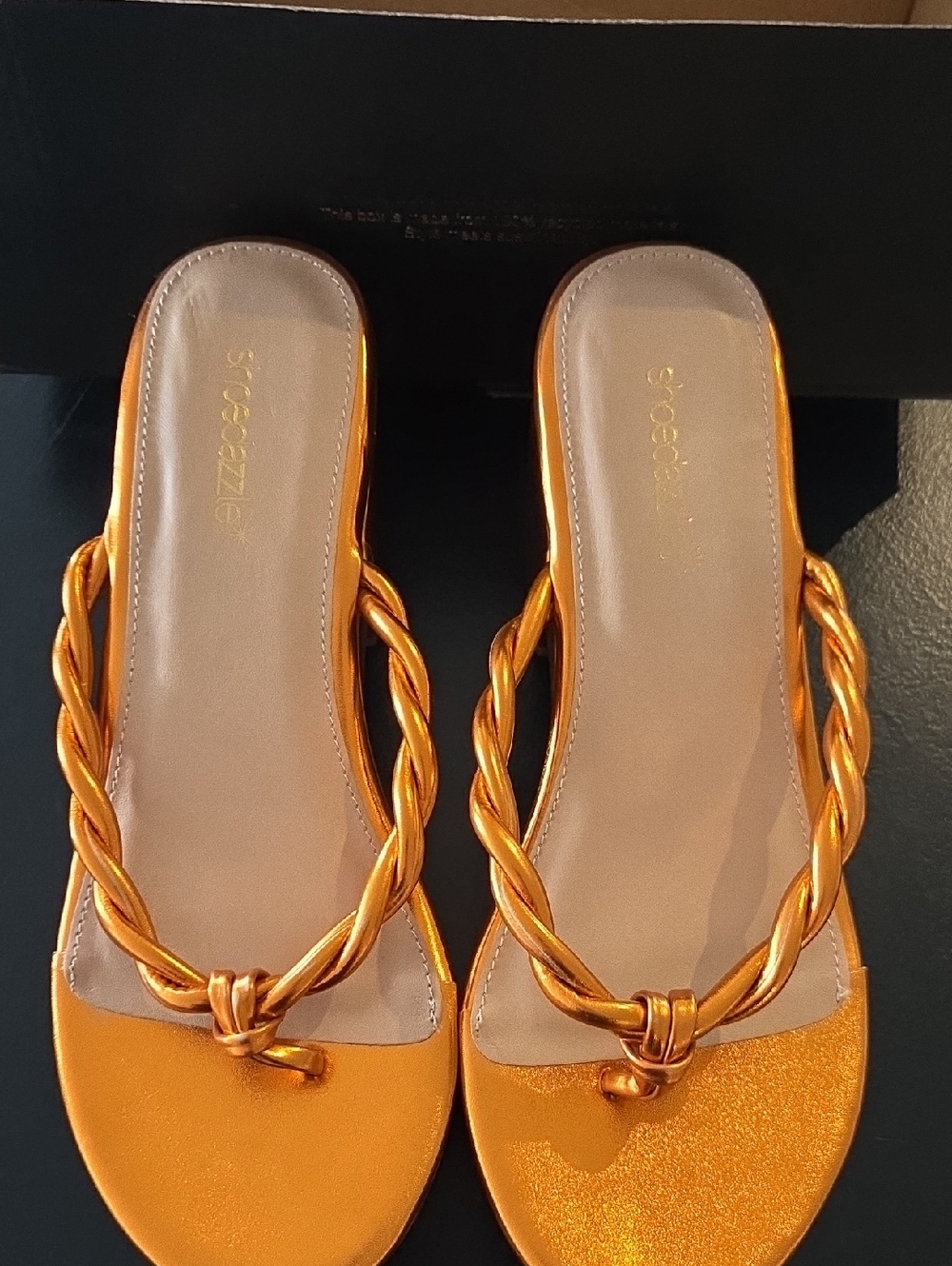 NIB Size 6.5 Shoe Dazzle Metallic Orange Braided Toe-Loop Slide Sandals